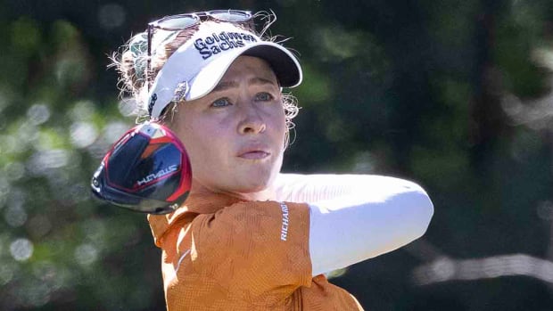 Nelly Korda drives off the 16th tee during the third round of the 2023 Chevron Championship.