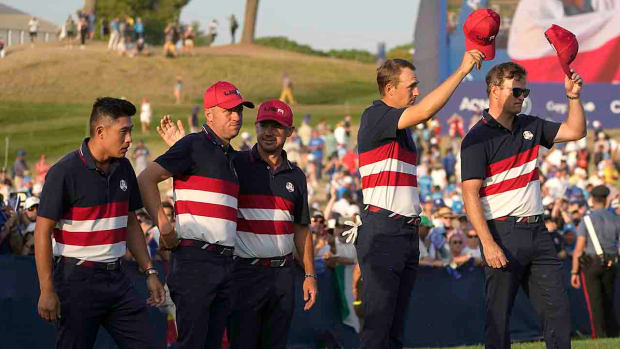 Members of the United States Ryder Cup team line up at the presentation ceremony after Europe won the Ryder Cup at the Marco Simone Golf Club in Guidonia Montecelio, Italy, Sunday, Oct. 1, 2023.