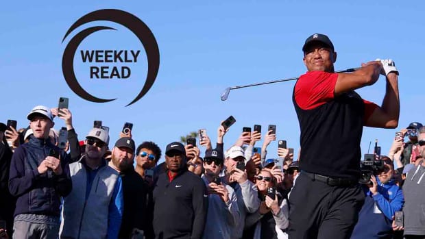Tiger Woods watches a shot in the final round of the 2023 Genesis Invitational, plus the Weekly Read logo.