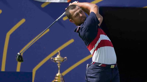 Xander Schauffele plays off the 1st tee during his singles match at the 2023 Ryder Cup in Italy.