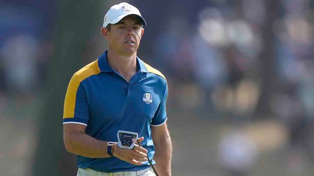Europe's Rory McIlroy walks on the 2nd green during his singles match at the 2023 Ryder Cup.