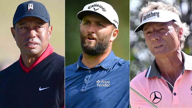Tiger Woods, Jon Rahm and Bernhard Langer are pictured in 2023 photos.