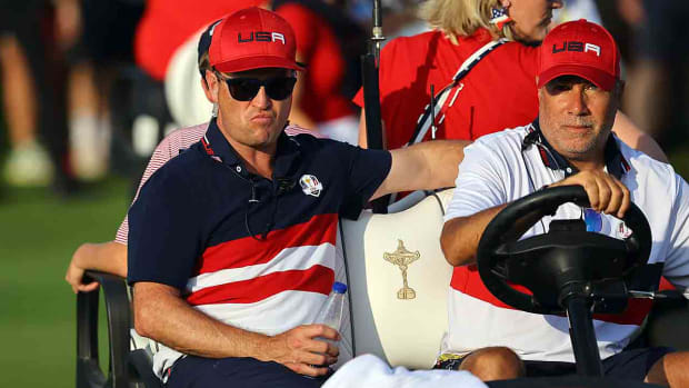 U.S. captain Zach Johnson is pictured in a golf cart at the end of the 2023 Ryder Cup.