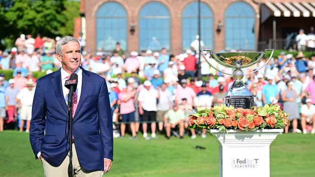 Jay Monahan is pictured while speaking at the 2022 Tour Championship.