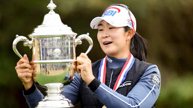 A Lim Kim with trophy for winning 2020 U.S. Women's Open 