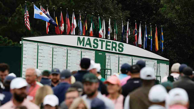 A Masters scoreboard is pictured on a practice day in 2023.