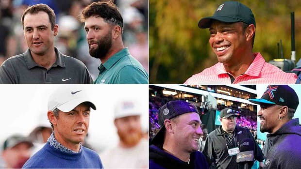 Clockwise from top left: Scottie Scheffler and Jon Rahm, Tiger Woods, Jalen Hurts and Justin Thomas, and Rory McIlroy.