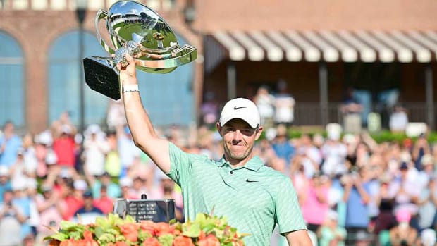 Rory McIlroy holds the FedEx Cup after the 2022 Tour Championship.