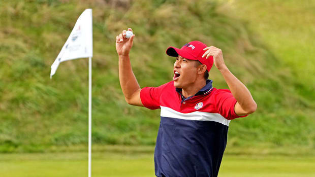 Collin Morikawa celebrates the 2021 American Ryder Cup victory.
