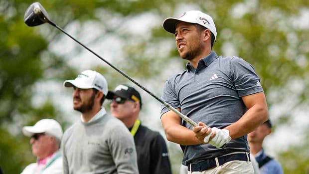 Xander Schauffele is pictured during a practice round at the 2023 PGA Championship at Oak Hill Country Club.