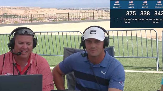 Bryson DeChambeau popped into the broadcast booth about an hour before competing and successfully advancing to Round 3 at the World Long Drive Association World Championships.