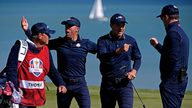 Justin Thomas and Jordan Spieth celebrate Saturday at the Ryder Cup.