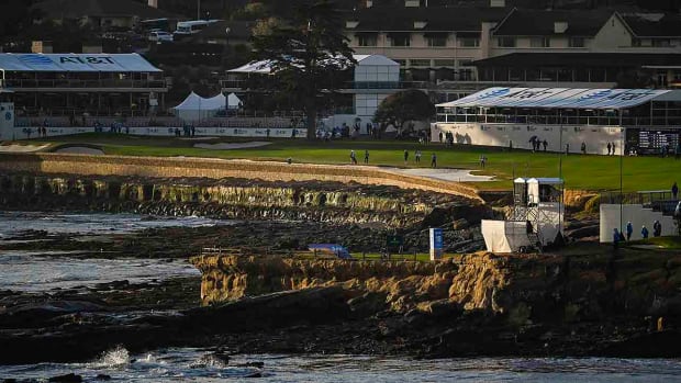A scenic view of the 18th hole during the final round of the AT&T Pebble Beach Pro-Am at Pebble Beach Golf Links on Feb. 5, 2023 in Pebble Beach, Calif.