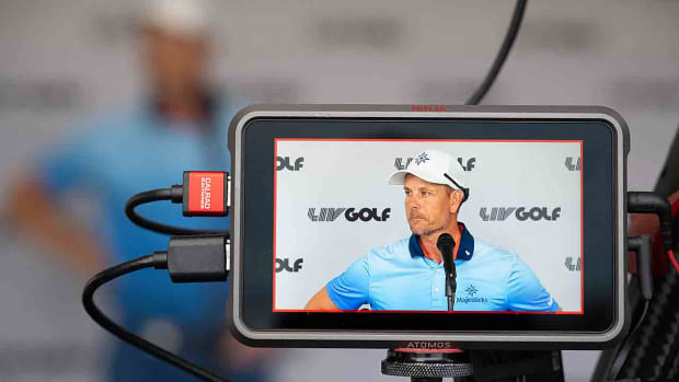 Henrik Stenson is pictured during a press conference prior to the 2023 LIV Golf event in Washington, D.C.