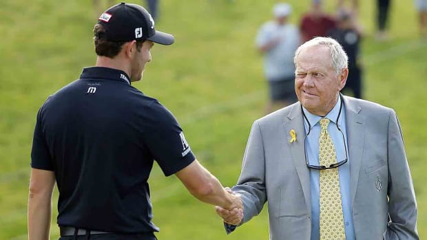 Jack Nicklaus winks at Patrick Cantlay after Cantlay won the 2019 Memorial Tournament.