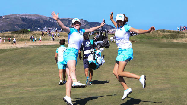 Lauren Walsh (left) and Caley McGinty enjoy themselves in the 2021 Curtis Cup at Conwy Golf Club.