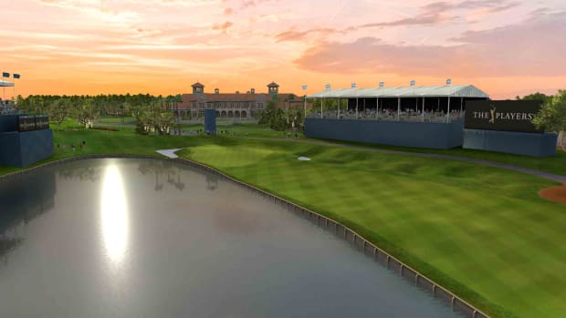 The 18th hole at TPC Sawgrass during the Players Championship is shown in the GOLF+ virtual reality application.