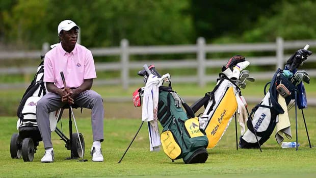 Mark Greene of Savannah State University sits during the first round of the PGA WORKS Collegiate Championship at Bent Brook Golf Course on Monday, May 8, 2023, in Birmingham, Ala.