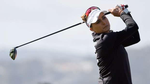 Lexi Thompson of Team United States plays her shot from the tenth tee during day four of the Hanwha LIFEPLUS International Crown at TPC Harding Park.