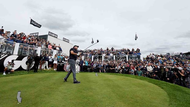 Team Hy Flyers captain Phil Mickelson tees off in the first round of the inaugural LIV golf invitational in 2022 at the Centurion Club outside London.