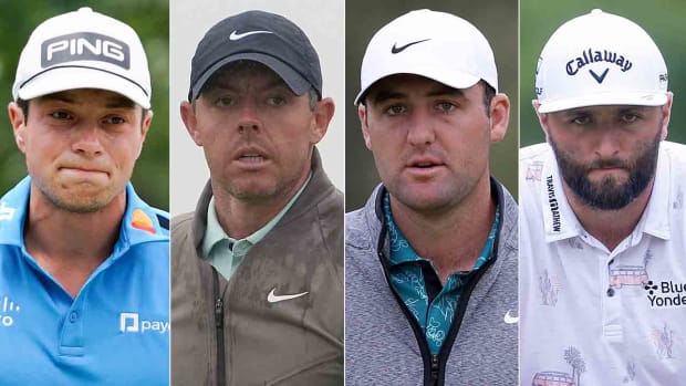 Viktor Hovland, Rory McIlroy, Scottie Scheffler and Jon Rahm (left to right) are pictured in a piece predicting 2024 major winners.
