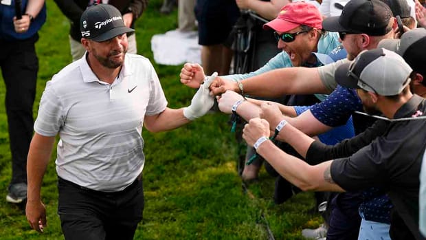 Michael Block greets fans on the 18th hole during the final round of the PGA Championship at Oak Hill Country Club on Sunday, May 21, 2023, in Pittsford, N.Y.