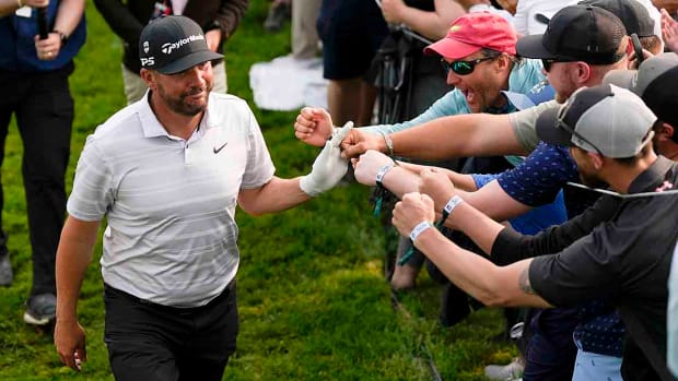 Michael Block greets fans on the 18th hole during the final round of the 2023 PGA Championship.