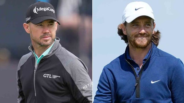 Brian Harman (left) and Tommy Fleetwood are pictured at the 2023 British Open. They're in the final group in Round 3.