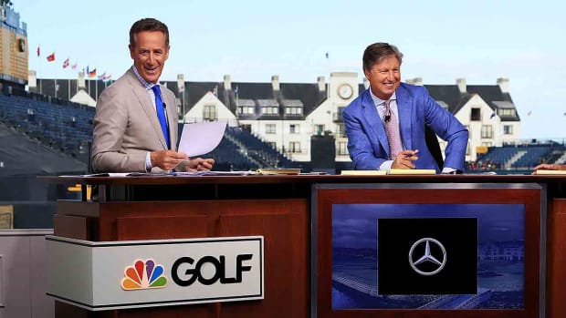 Rich Lerner and Brandel Chamblee are seen on the Golf Channel set during previews to the 2018 British Open at Carnoustie Golf Club.