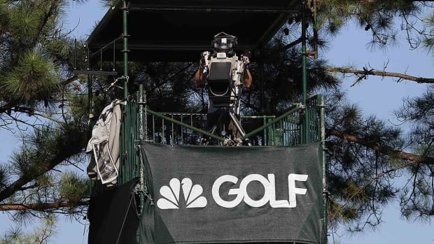 NBC Golf logo and camera at the third round of the 2016 Tour Championship at East Lake Golf Club in Atlanta, Ga.