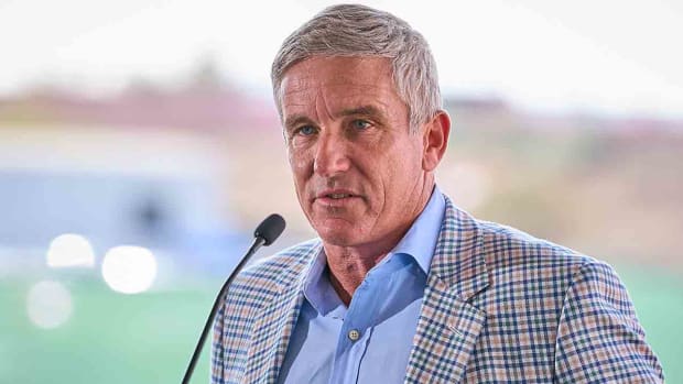 Jay Monahan is pictured in 2022 at a press conference at TPC Scottsdale.