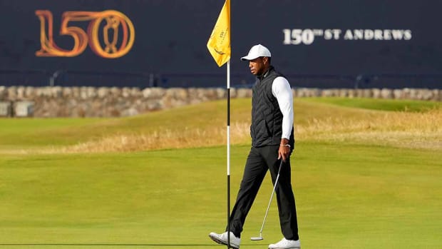 Tiger Woods is pictured during practice for the 2022 British Open at St. Andrews.