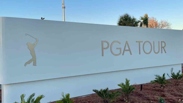 A PGA Tour sign is pictured at the Tour's headquarters in Ponte Vedra Beach, Fla.