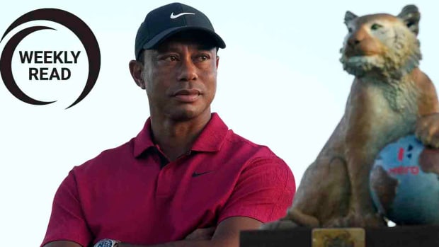 Tiger Woods is pictured at the 2022 Hero World Challenge along with the Weekly Read logo.