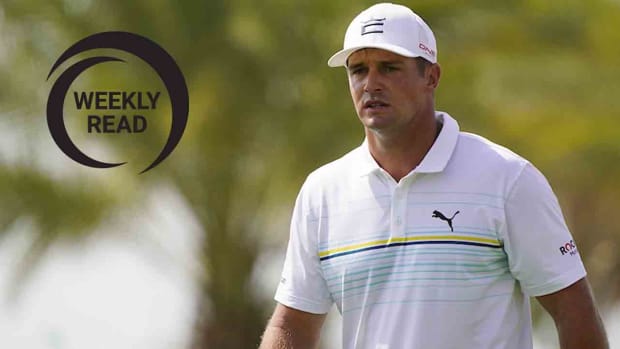 Bryson DeChambeau is pictured at the 2022 Saudi International along with the Weekly Read logo.