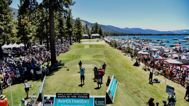 Play at Edgewood Tahoe's par-3 17th hole
