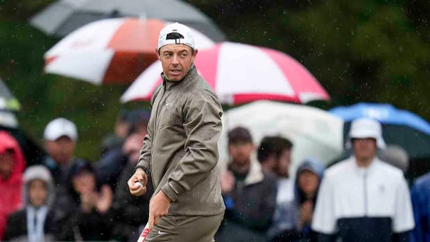 Rory McIlroy is pictured during the rainy third round of the 2023 PGA Championship.
