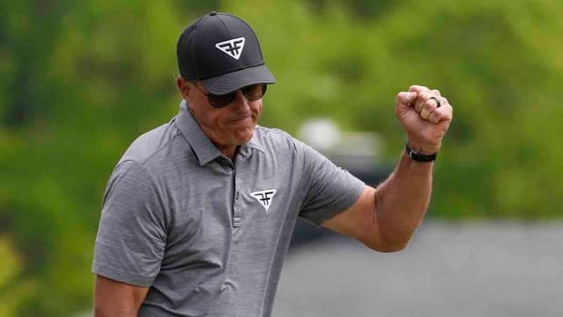 Phil Mickelson pumps his fist during the second round of the 2023 PGA Championship.