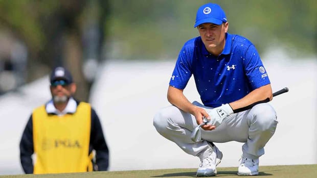 Jordan Spieth looks over a putt in the first round of the 2023 PGA Championship.