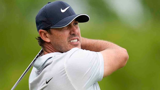 Brooks Koepka watches a drive in the third round of the 2023 PGA Championship.