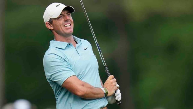 Rory McIlroy watches a shot at the 2023 Masters.
