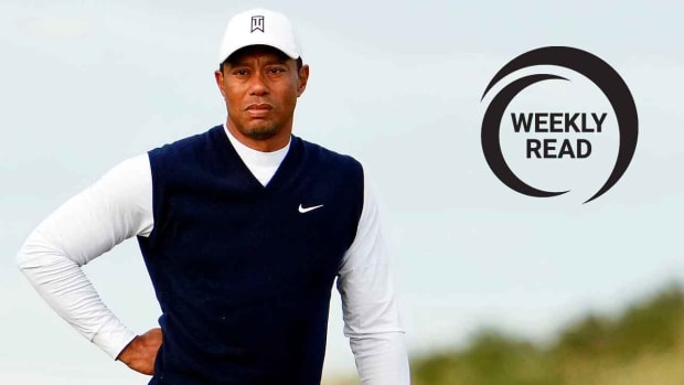 Tiger Woods is pictured at the 2022 British Open along with the Weekly Read logo.