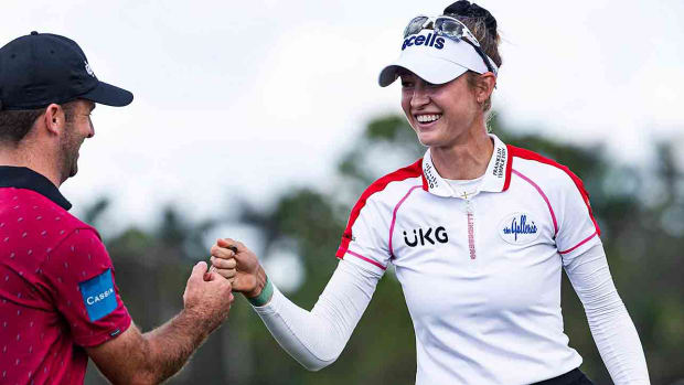 Nelly Korda is congratulated by partner Denny McCarthy during the 2023 QBE Shootout.