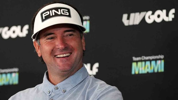 Bubba Watson is pictured at a press conference in 2022 at the LIV Golf Team Championship in Miami.