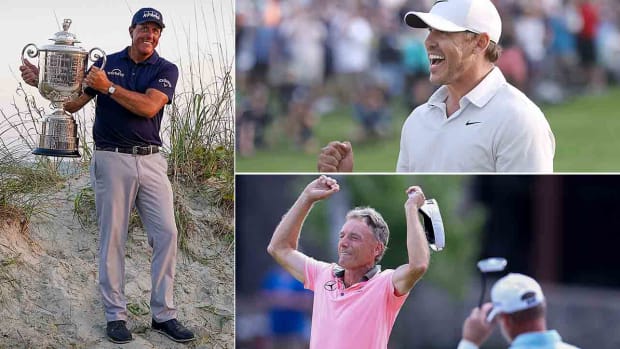 Major champions pictured: Phil Mickelson (left), Brooks Koepka (top right) and Bernhard Langer