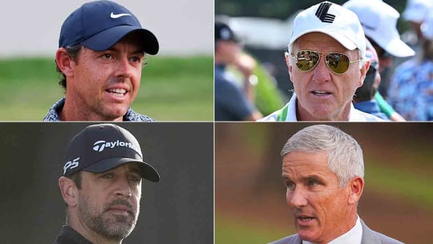 Clockwise from top left: Rory McIlroy, Greg Norman, Jay Monahan and Aaron Rodgers