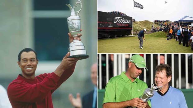 Tiger Woods (left), Jordan Spieth (top right) and Stewart Cink (bottom right, with Tom Watson) all won 21st-century British Opens.