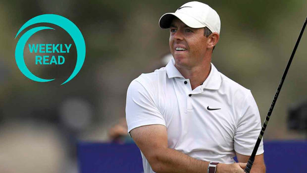 Rory McIlroy is pictured at the 2022 DP World Tour Championship along with the Weekly Read logo.