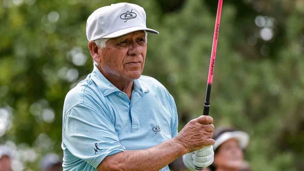 Lee Trevino watches his tee shot during the Legends Charity Challenge on the second day of the 2022 Ascension Charity Classic at Norwood Hills Country Club in Jennings, Mo.