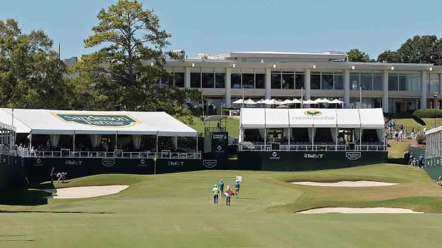 A general view of the 18th green during the final round of the 2023 Sanderson Farms Championship at The Country Club of Jackson in Jackson, Mississippi.